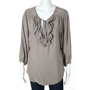 ALICE&TRIXIE Brown Silk 3/4 Sleeve Crew Neck Ruffle Chest Blouse Sz S